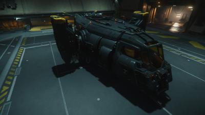 The Drake Interplanetary Cutter in a hangar.