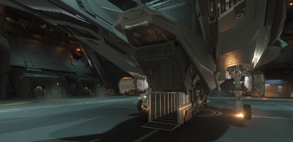 The Mustang Alpha from the rear, with the cargo pod extended and open