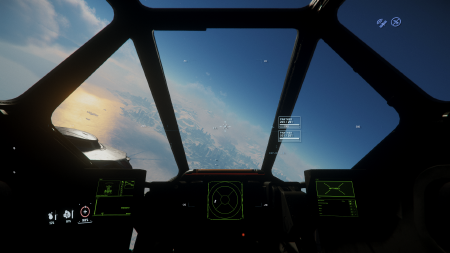 A video game screenshot of a first-person view inside a spaceship's gun turret. The turret looks out on a futuristic snowy cityscape.