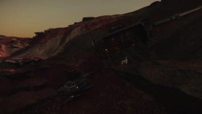 A crashed spaceship on a barren red planet. A figure wearing a helmet sits at a rock near the cargo ramp. A tiny round fighter craft is parked nearby.