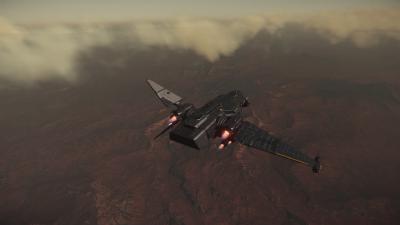 A spaceship with asymmetric wings flying over a red planet. Clouds cover part of the landscape.