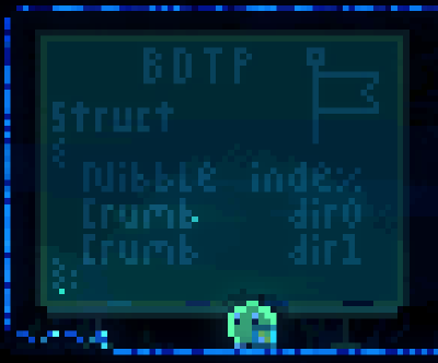 A screenshot of a video game showing a round creature standing in front of a blackboard with cryptic pseudocode written on it under the heading 'BDTP'